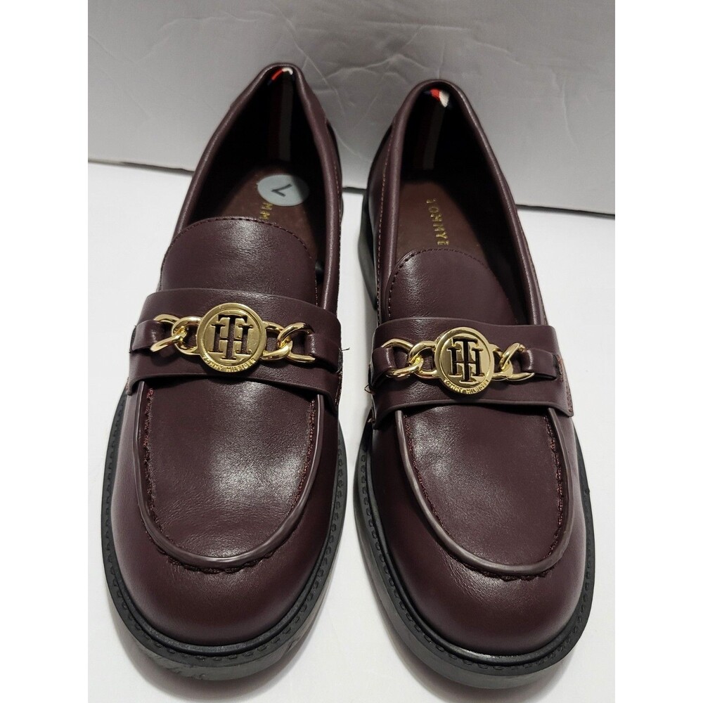 Tommy Hilfiger Y2K Style Chunky Loafers Dark Plum w/Gold Accent, Womens Size 7
